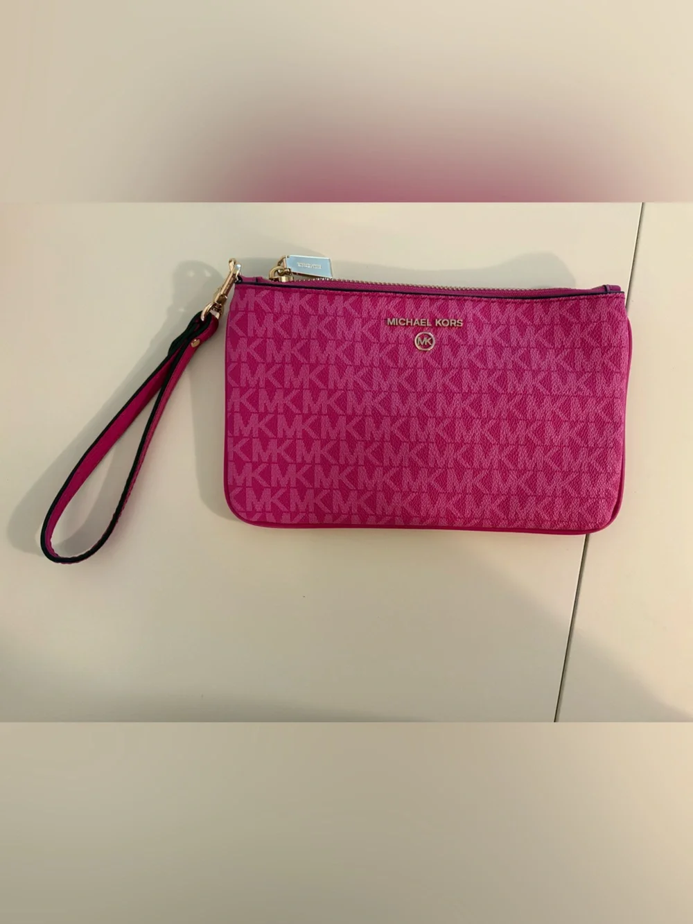 Michael Kors Hot Pink Signature Wristlet Clutch with Gold Accent